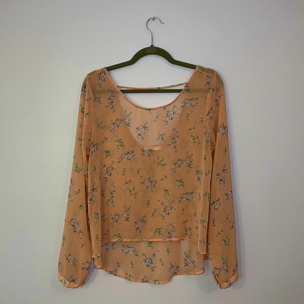 Sheer Peach & Floral Longsleeve Blouse